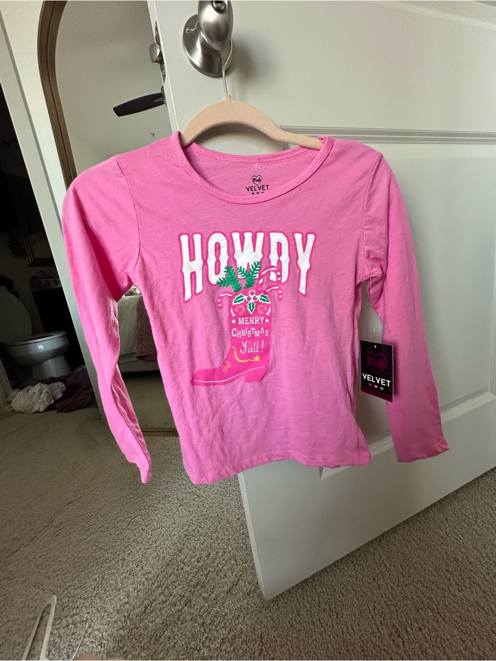 Pink Long Sleeve 'Howdy, Merry Christmas Y'all!' Cowgirl Boot Tee